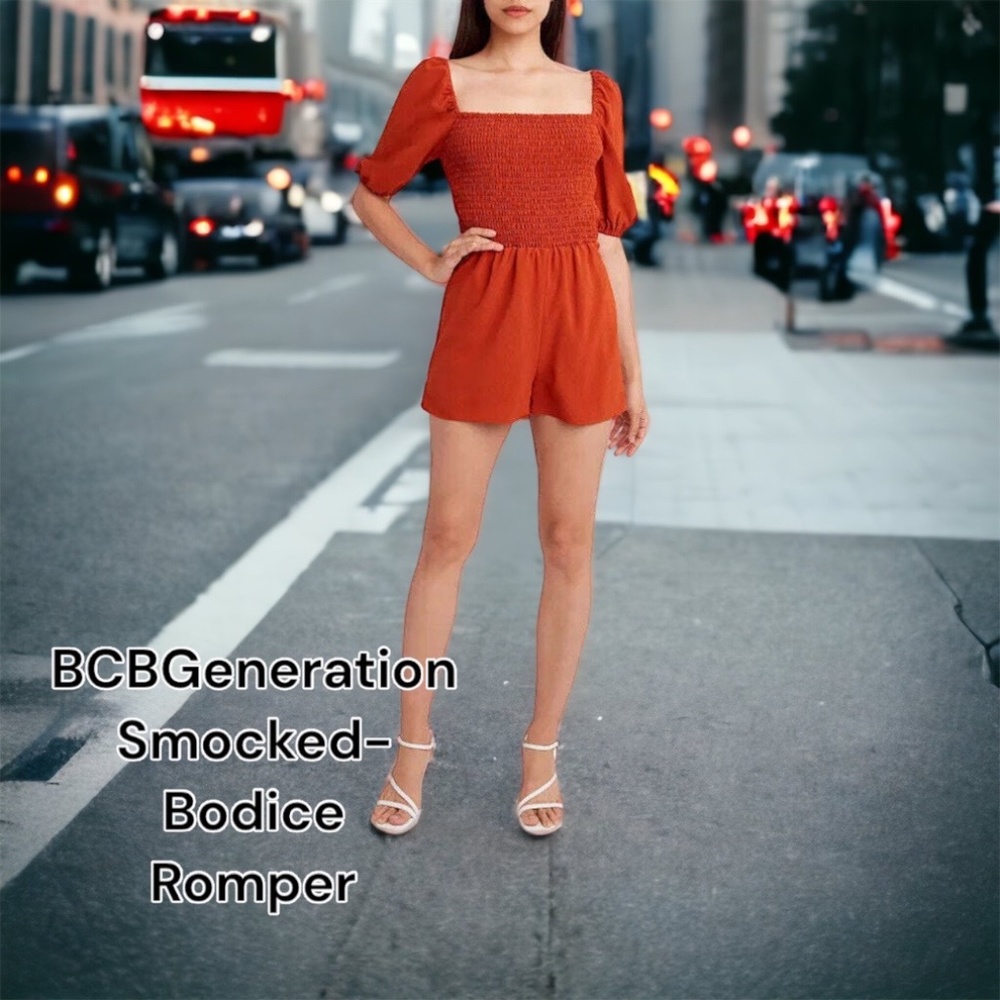 BCBGeneration Woven Smocked-Bodice Romper